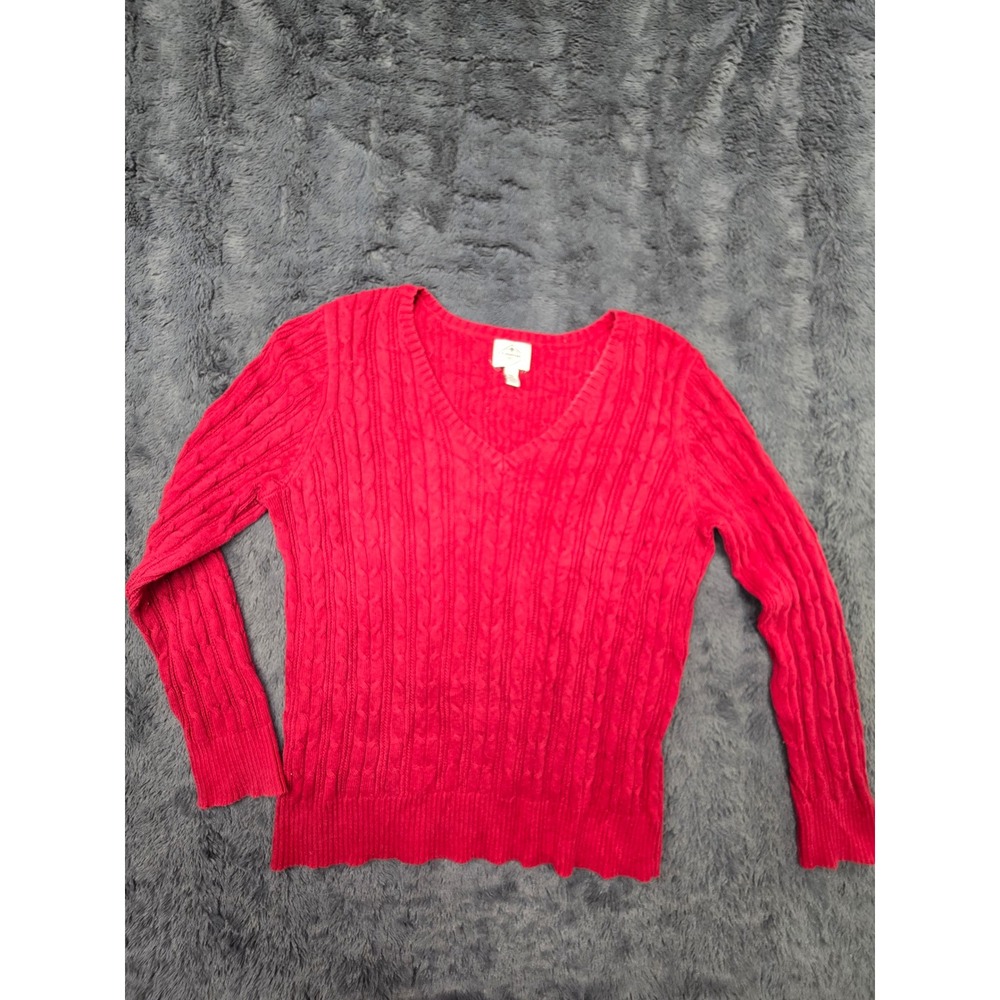 St Johns Bay Womens XXL Red Cable Knit V-Neck Cotton Blend Sweater Long Sleeve